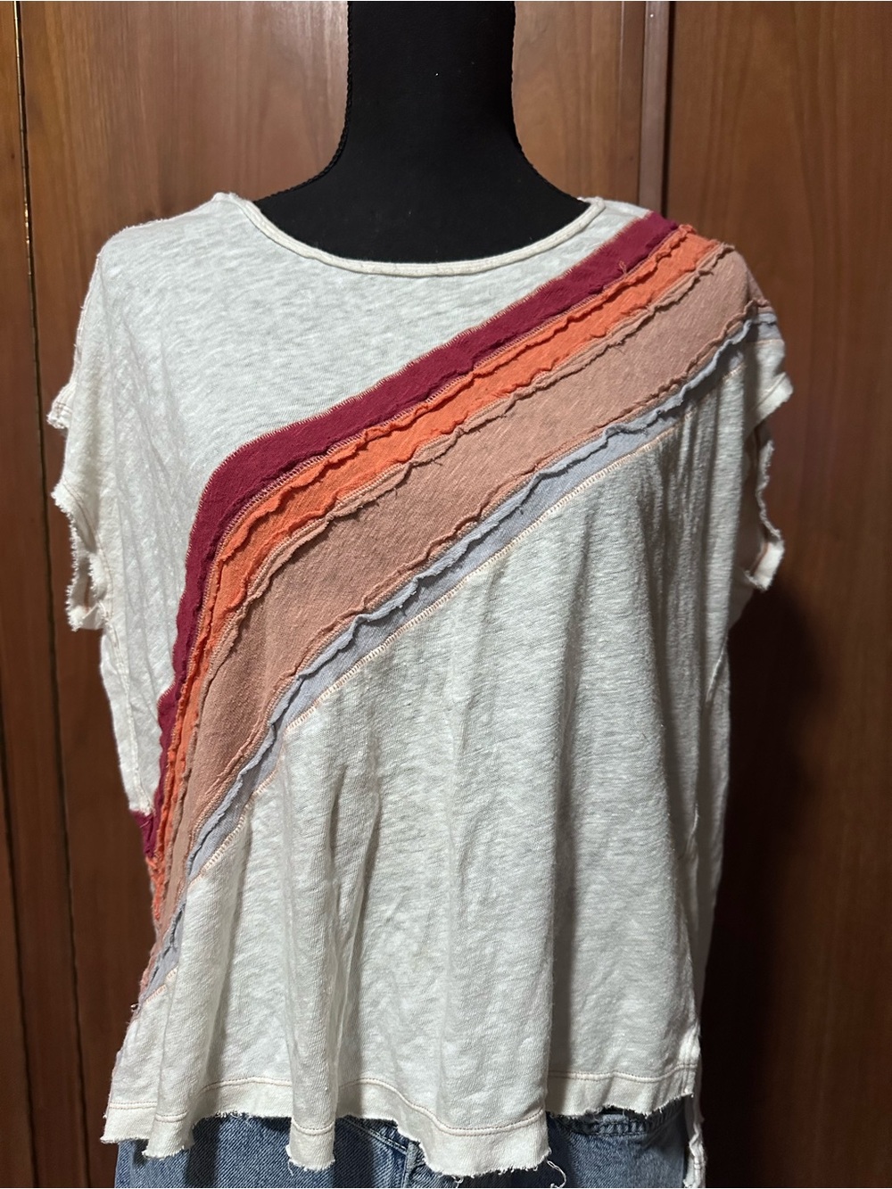 We The Free Ivory Short Sleeve Top with Pink, Orange and Peach Stripes